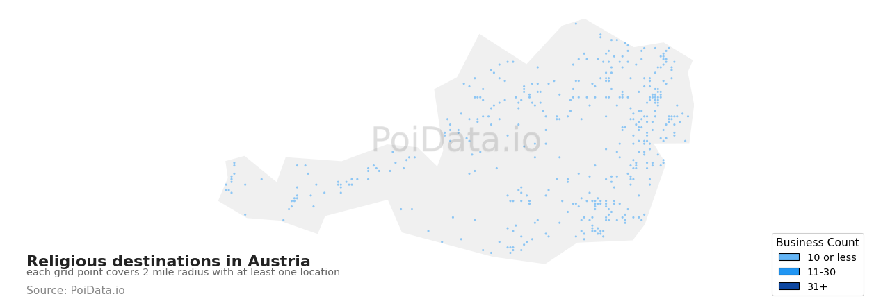 Religious destination density map for Austria