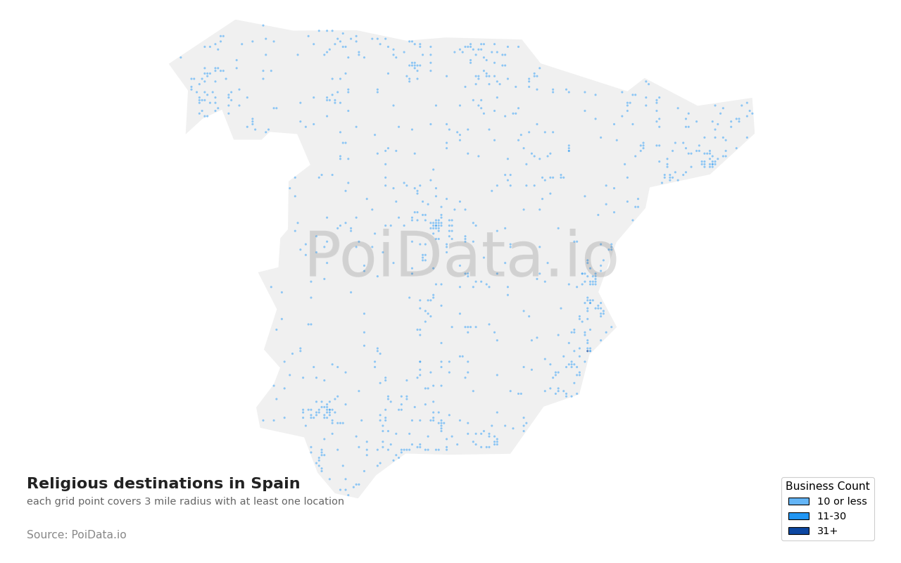 Religious destination density map for Spain