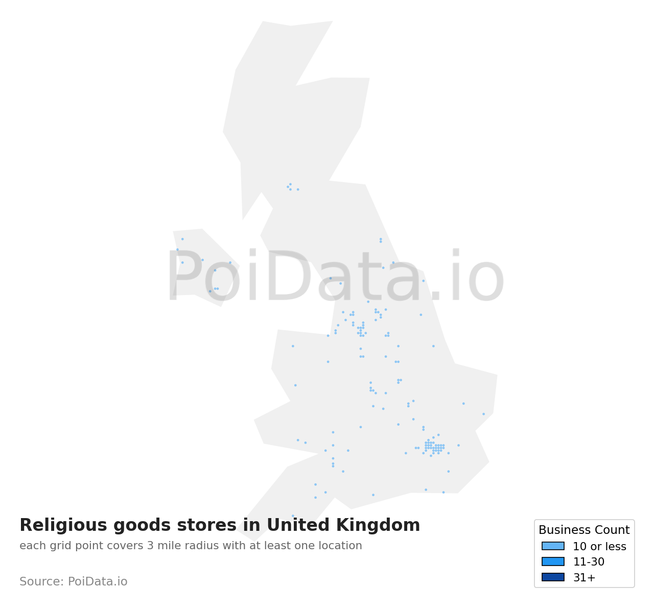 Religious goods store density map for United Kingdom