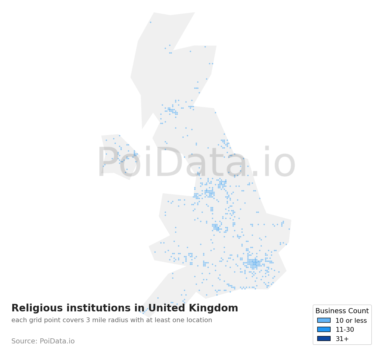 Religious institution density map for United Kingdom