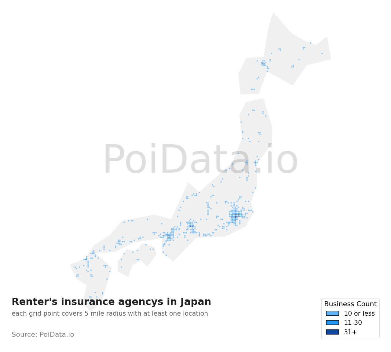 Renter's insurance agency density map for Kasuya District, Fukuoka, Japan