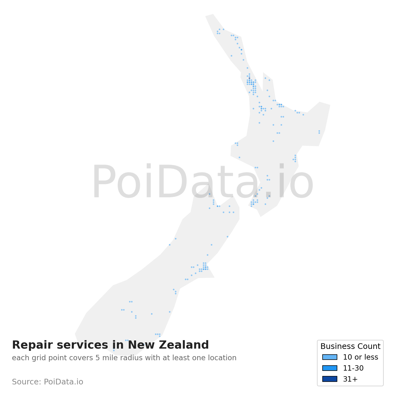 Repair service density map for New Zealand