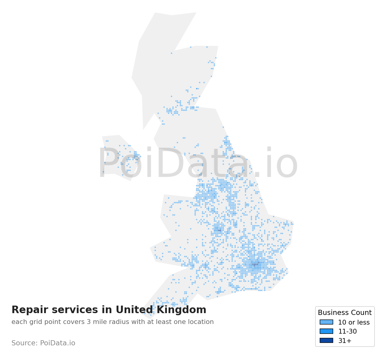 Repair service density map for United Kingdom