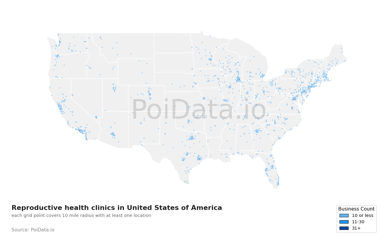 Reproductive health clinic density map for United States