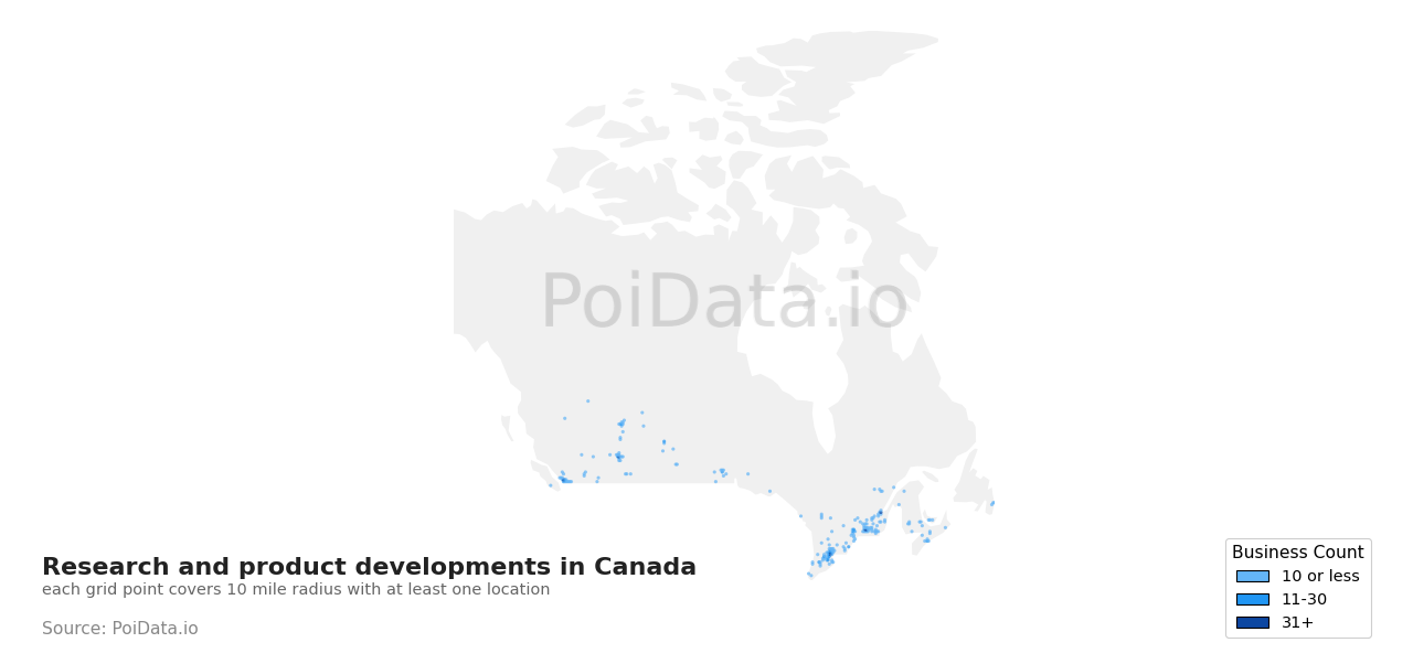 Research and product development density map for Canada