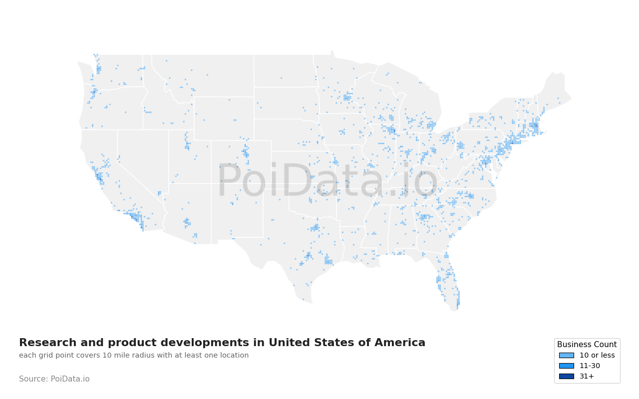 Research and product development density map for Florida, United States