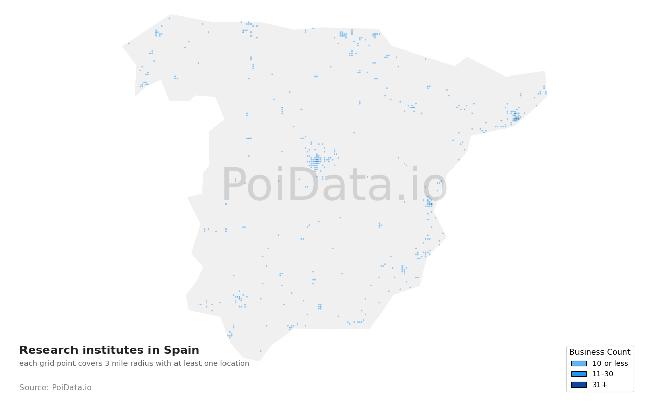 Research institute density map for Spain