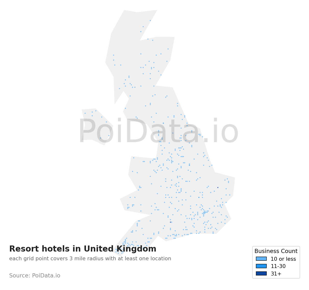 Resort hotel density map for United Kingdom
