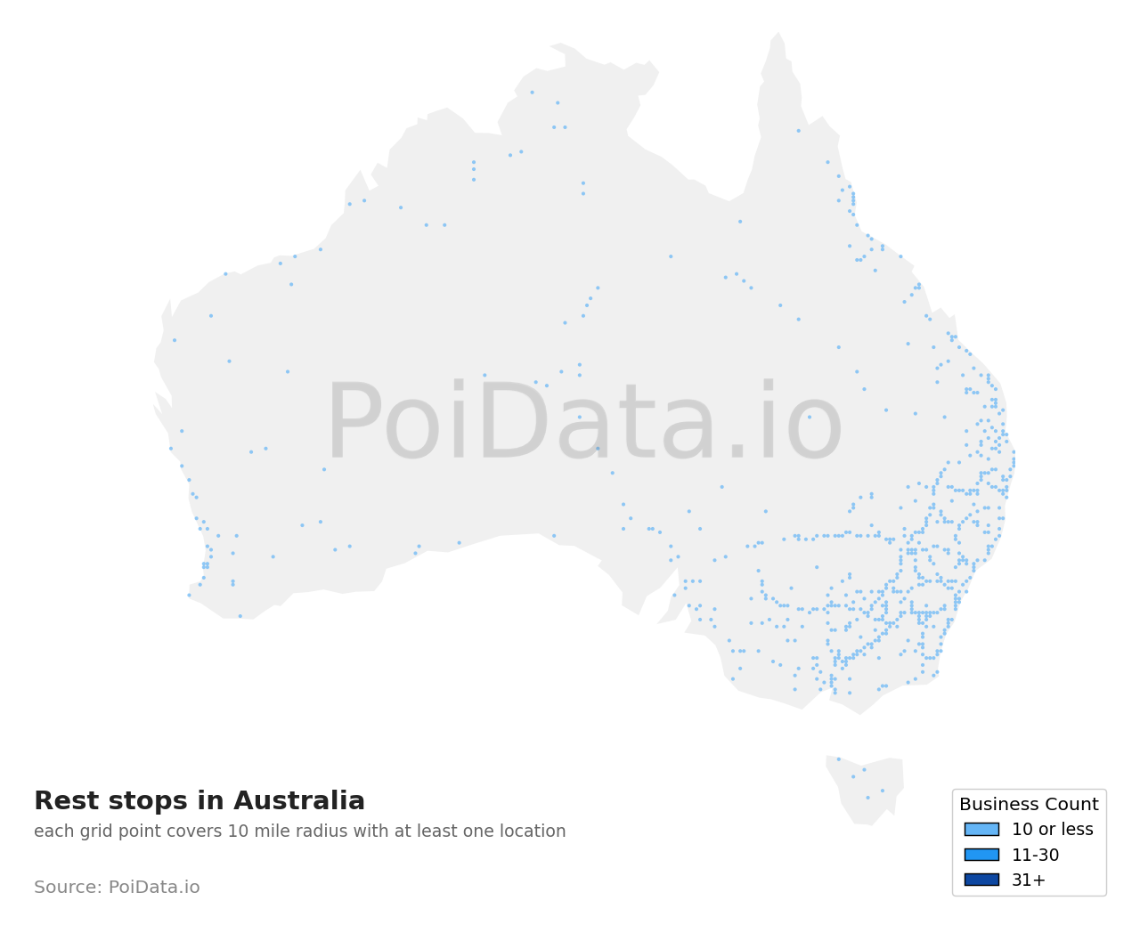Rest stop density map for Australia
