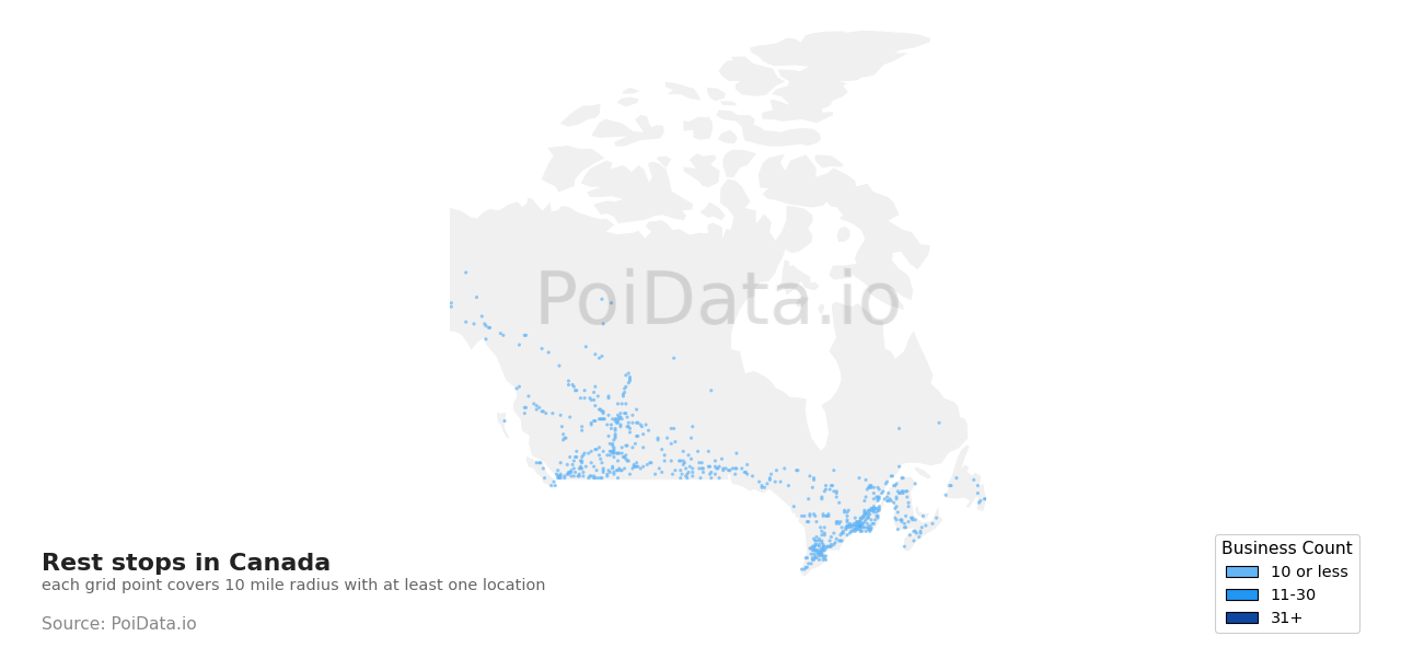 Rest stop density map for Newfoundland and Labrador, Canada