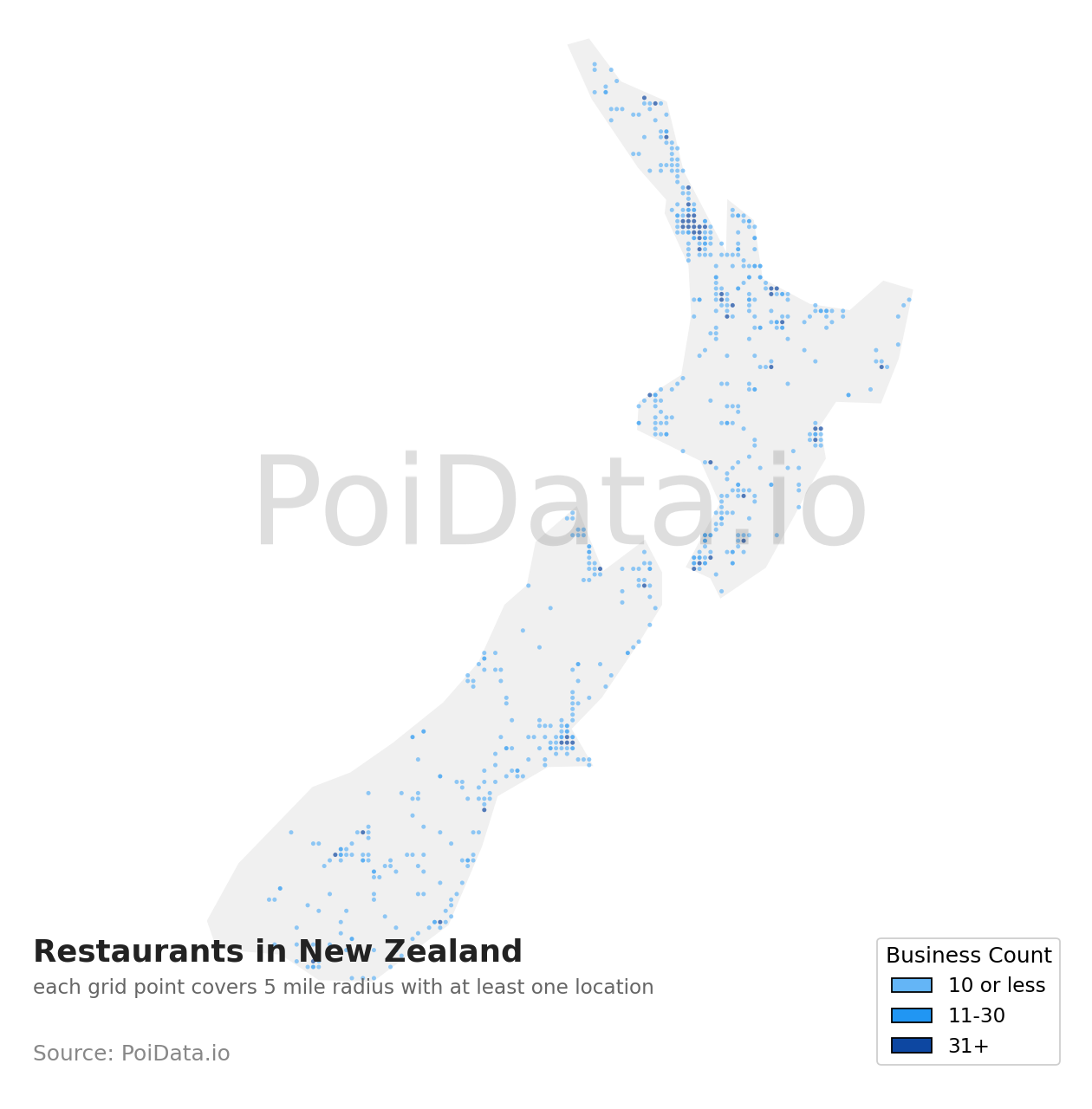 Restaurant density map for Taranaki Region, New Zealand