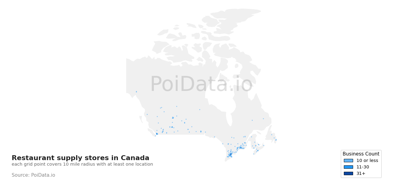 Restaurant supply store density map for Alberta, Canada