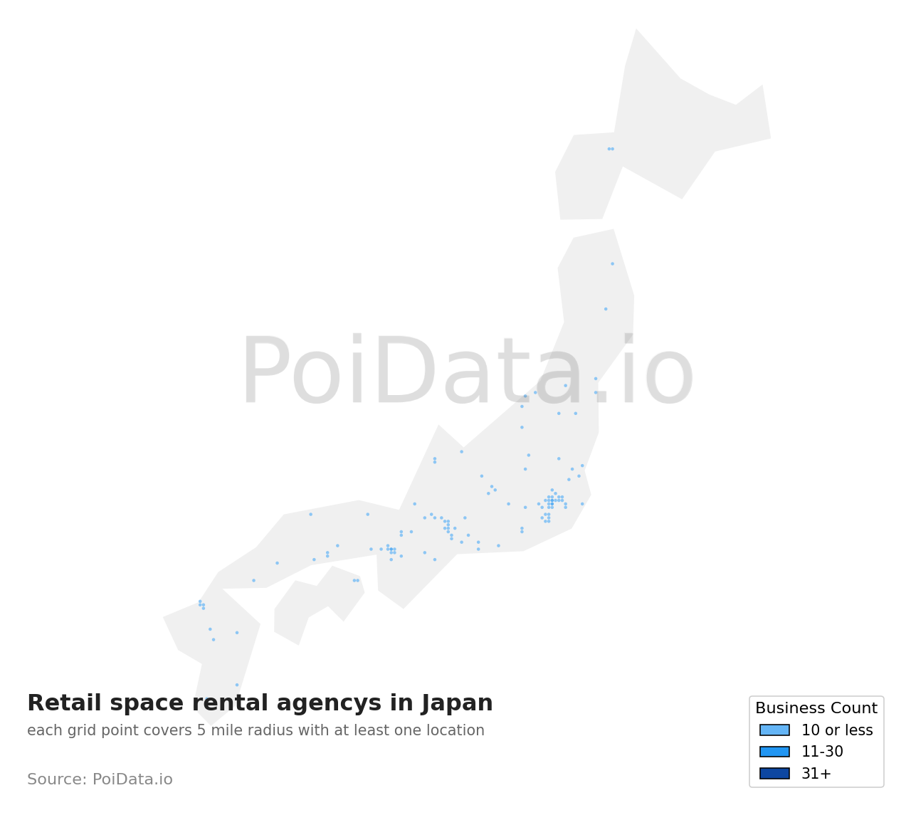 Retail space rental agency density map for Japan
