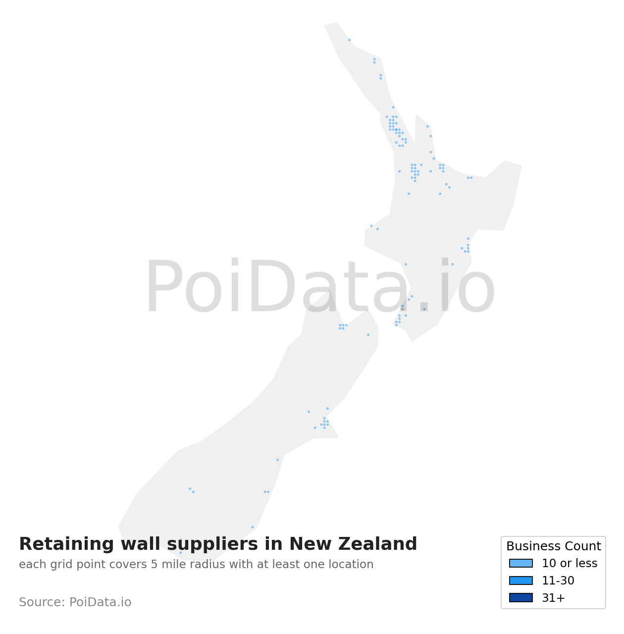 Retaining wall supplier density map for New Zealand