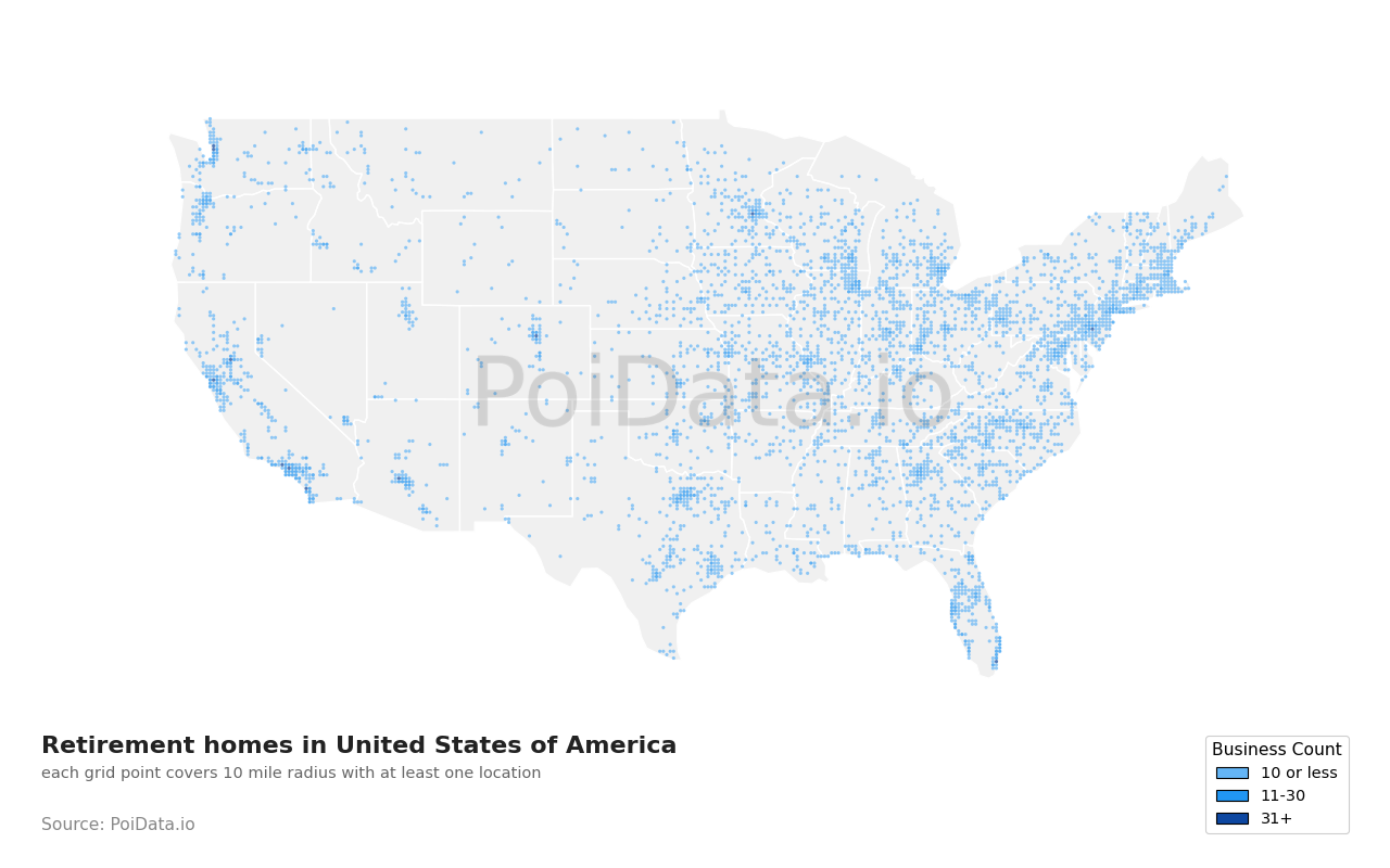 Retirement home density map for Tennessee, United States
