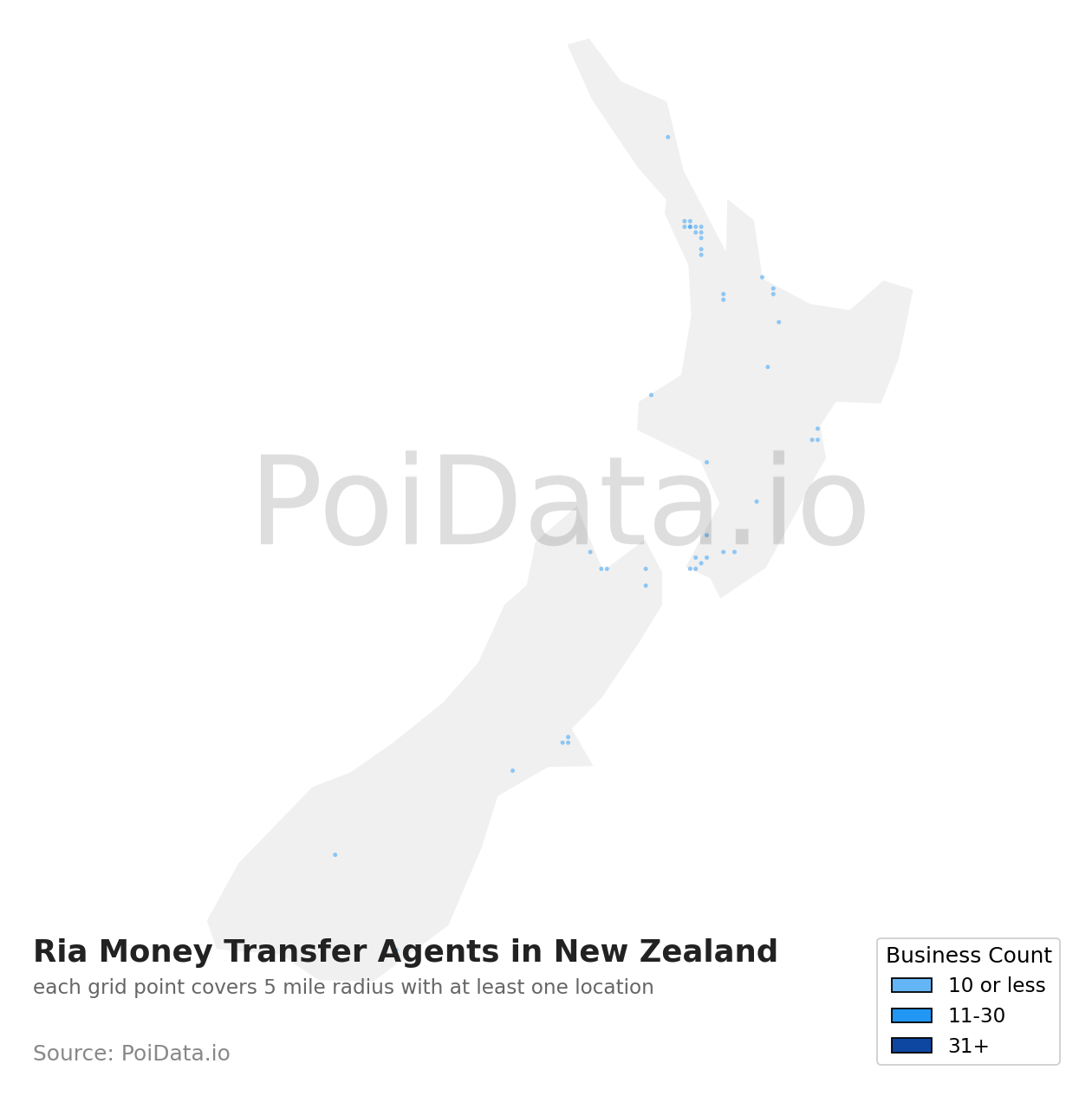 Ria Money Transfer Agent density map for New Zealand