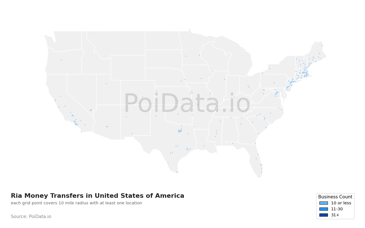 Ria Money Transfer density map for United States