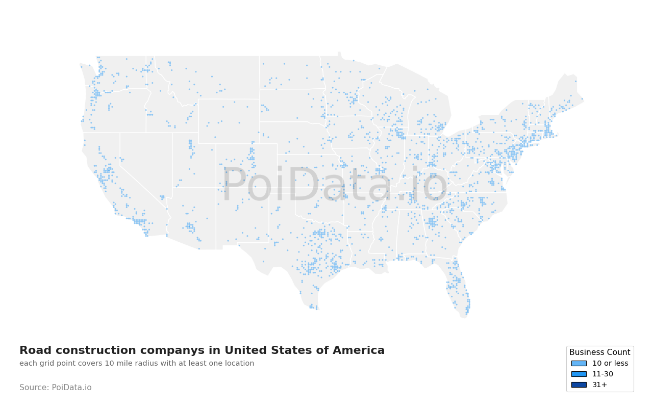 Road construction company density map for United States