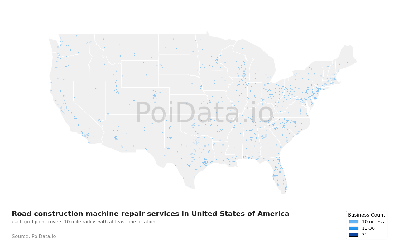 Road construction machine repair service density map for Florida, United States