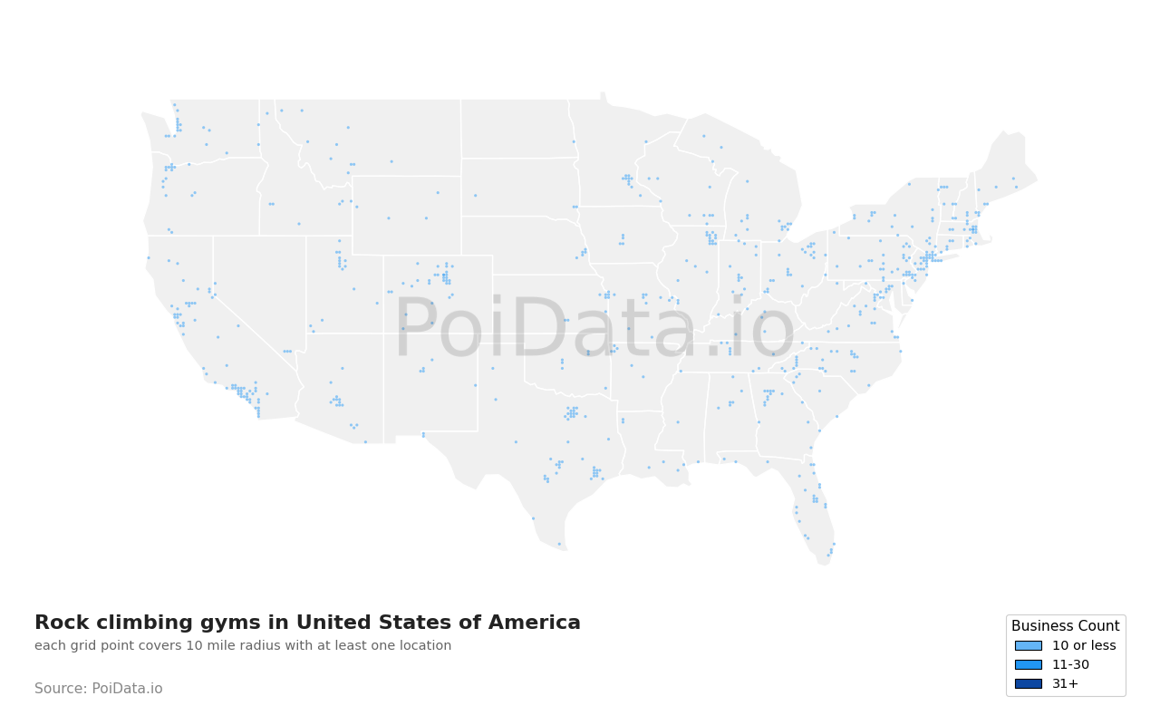 Rock climbing gym density map for United States