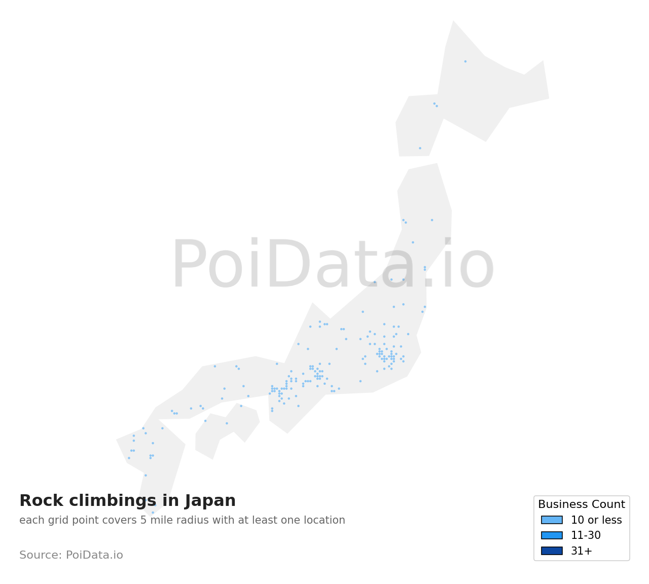 Rock climbing density map for Japan