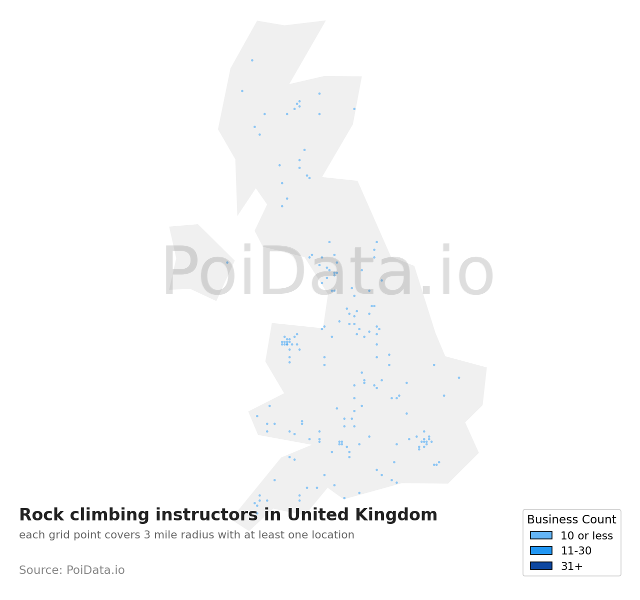 Rock climbing instructor density map for United Kingdom