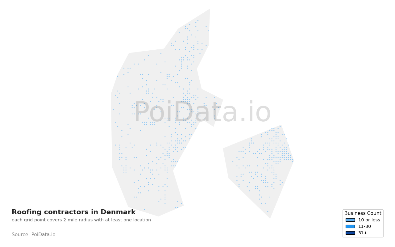 Roofing contractor density map for Denmark