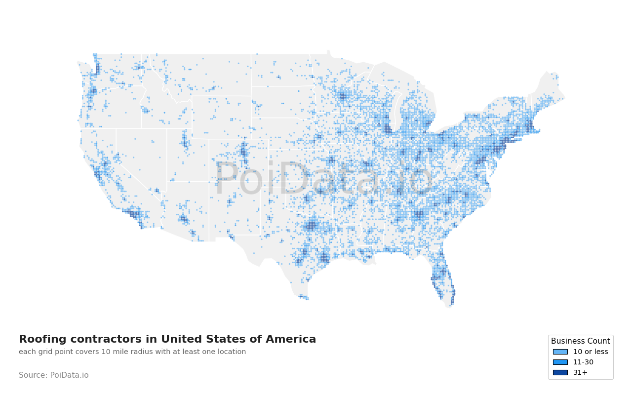 Roofing contractor density map for Florida, United States