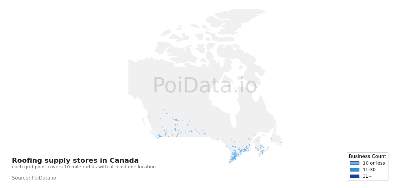 Roofing supply store density map for Saskatchewan, Canada