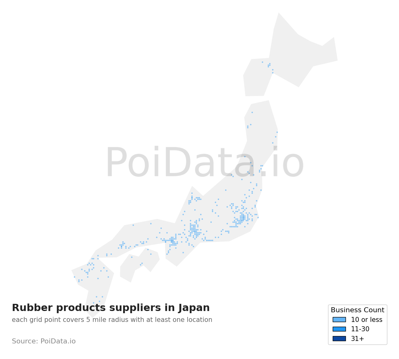 Rubber products supplier density map for Japan