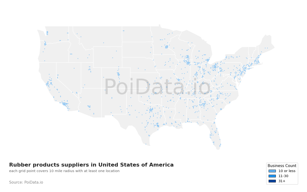 Rubber products supplier density map for United States