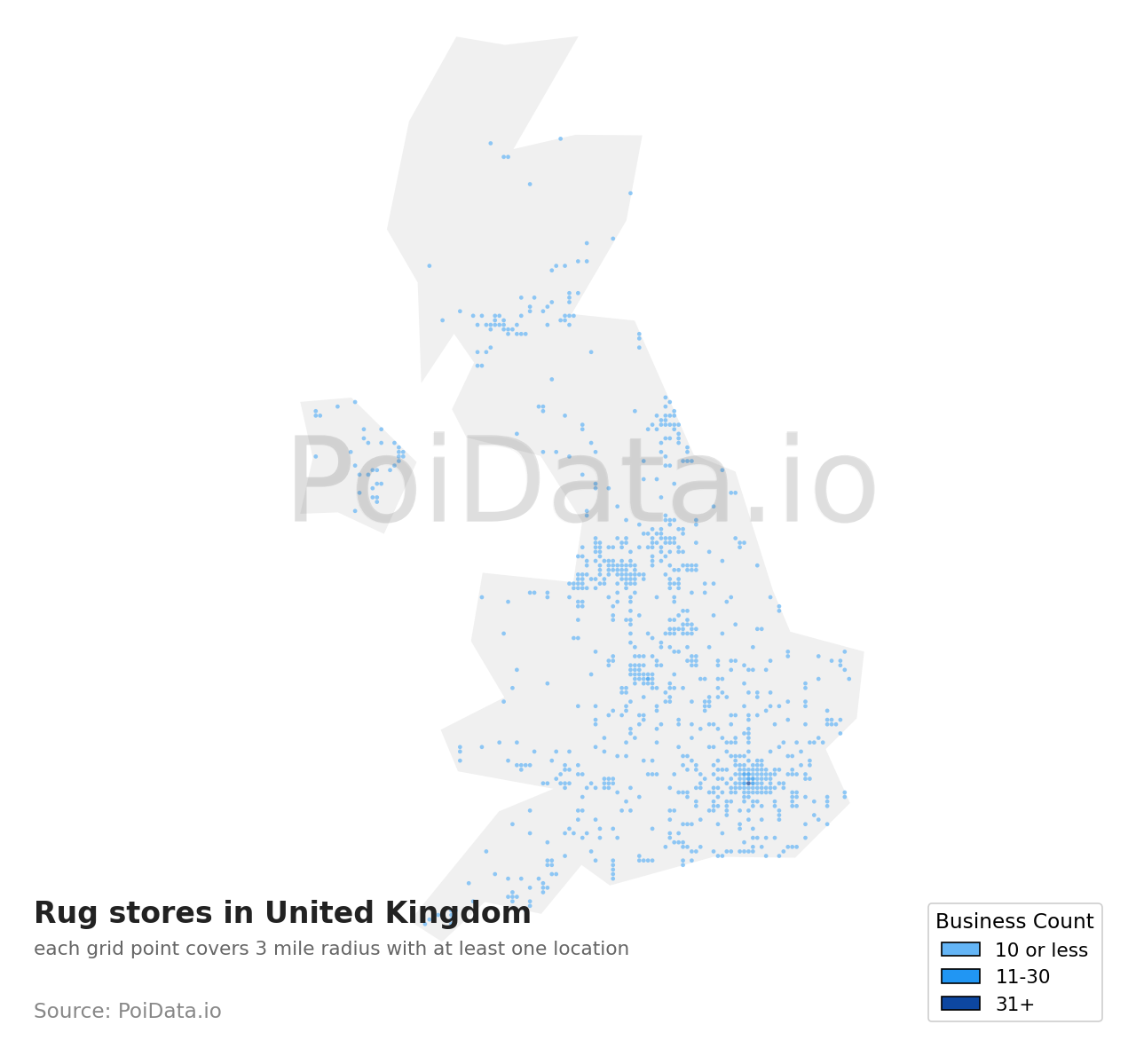 Rug store density map for United Kingdom