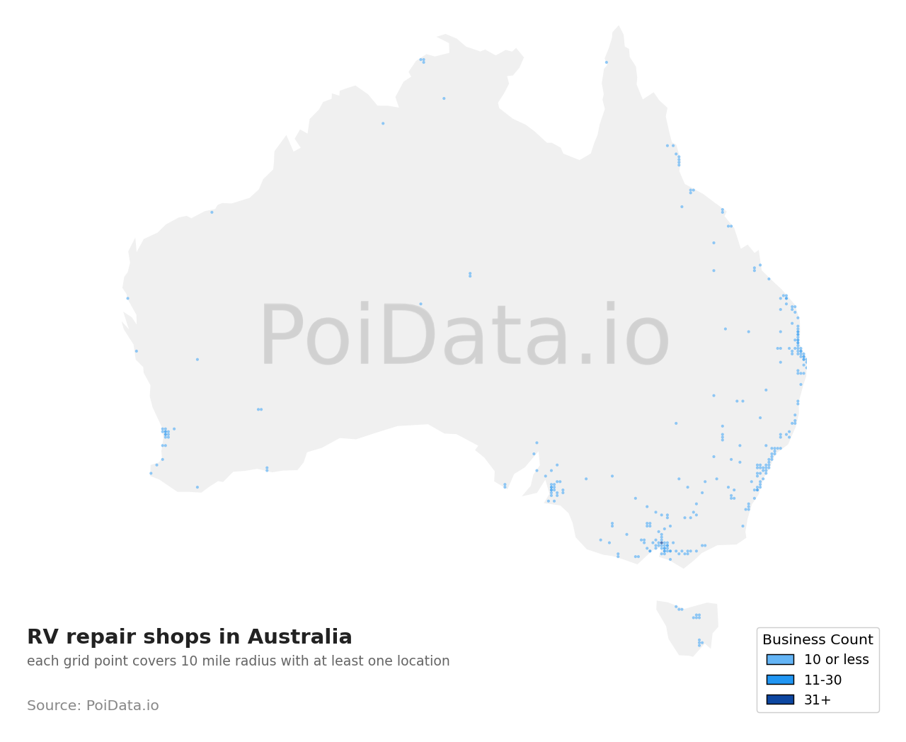RV repair shop density map for Australia