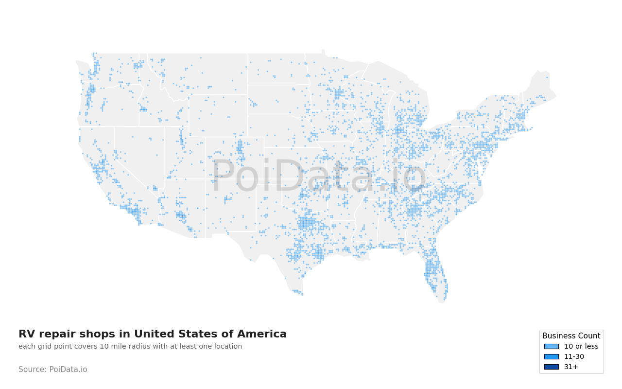 RV repair shop density map for United States