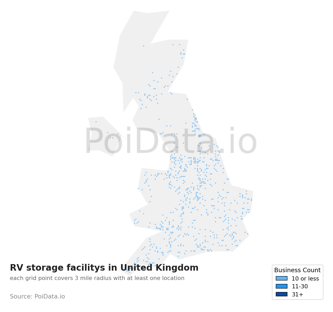 RV storage facility density map for United Kingdom