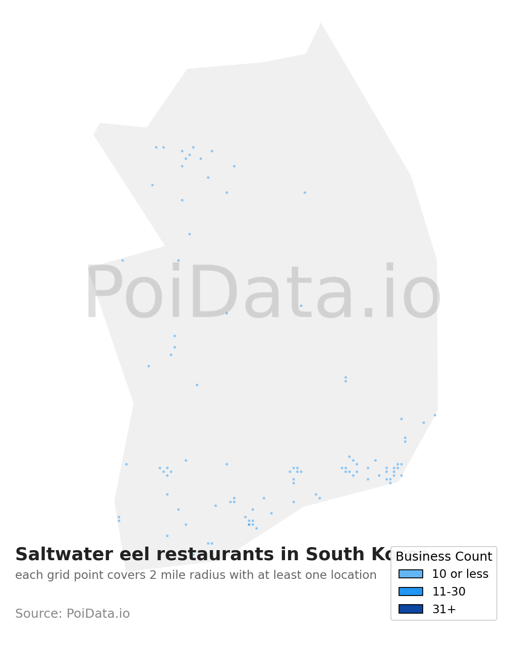 Saltwater eel restaurant density map for South Korea