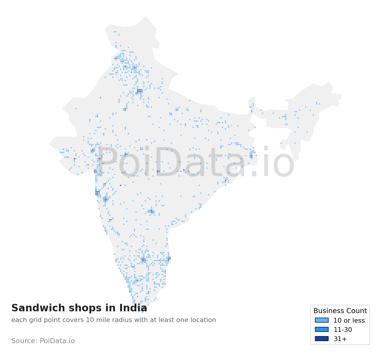 Sandwich shop density map for India