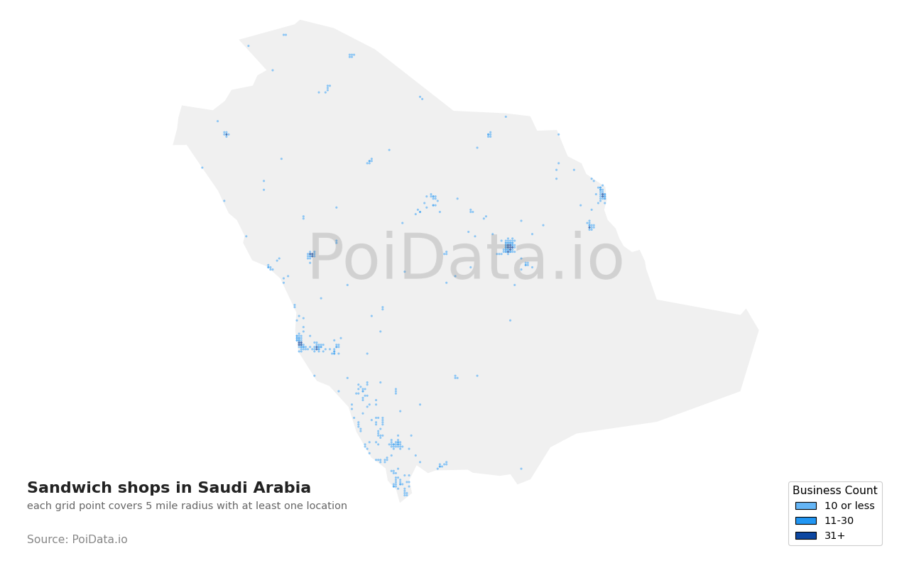 Sandwich shop density map for Saudi Arabia