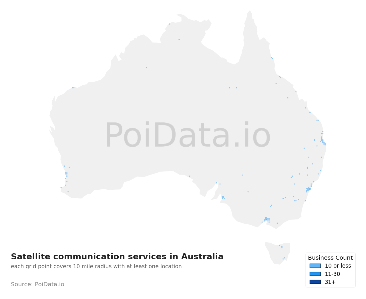 Satellite communication service density map for Western Australia, Australia