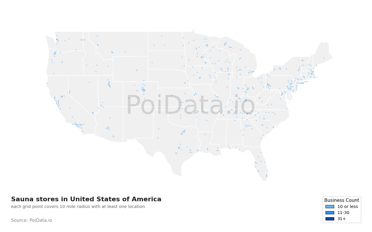 Sauna store density map for North Carolina, United States