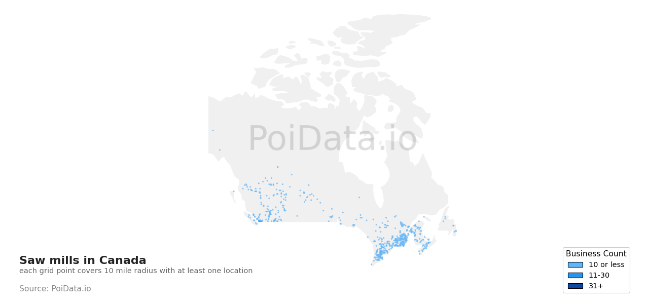 Saw mill density map for Saskatchewan, Canada