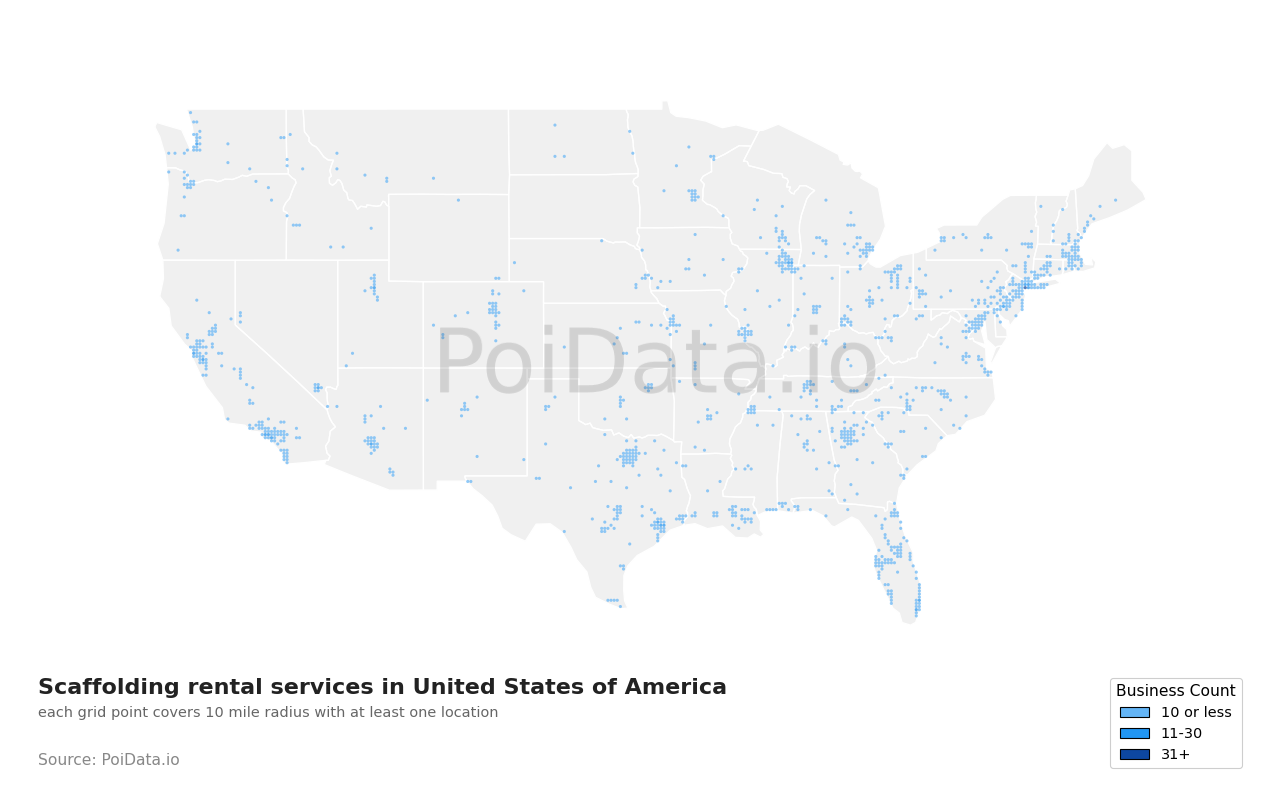 Scaffolding rental service density map for United States