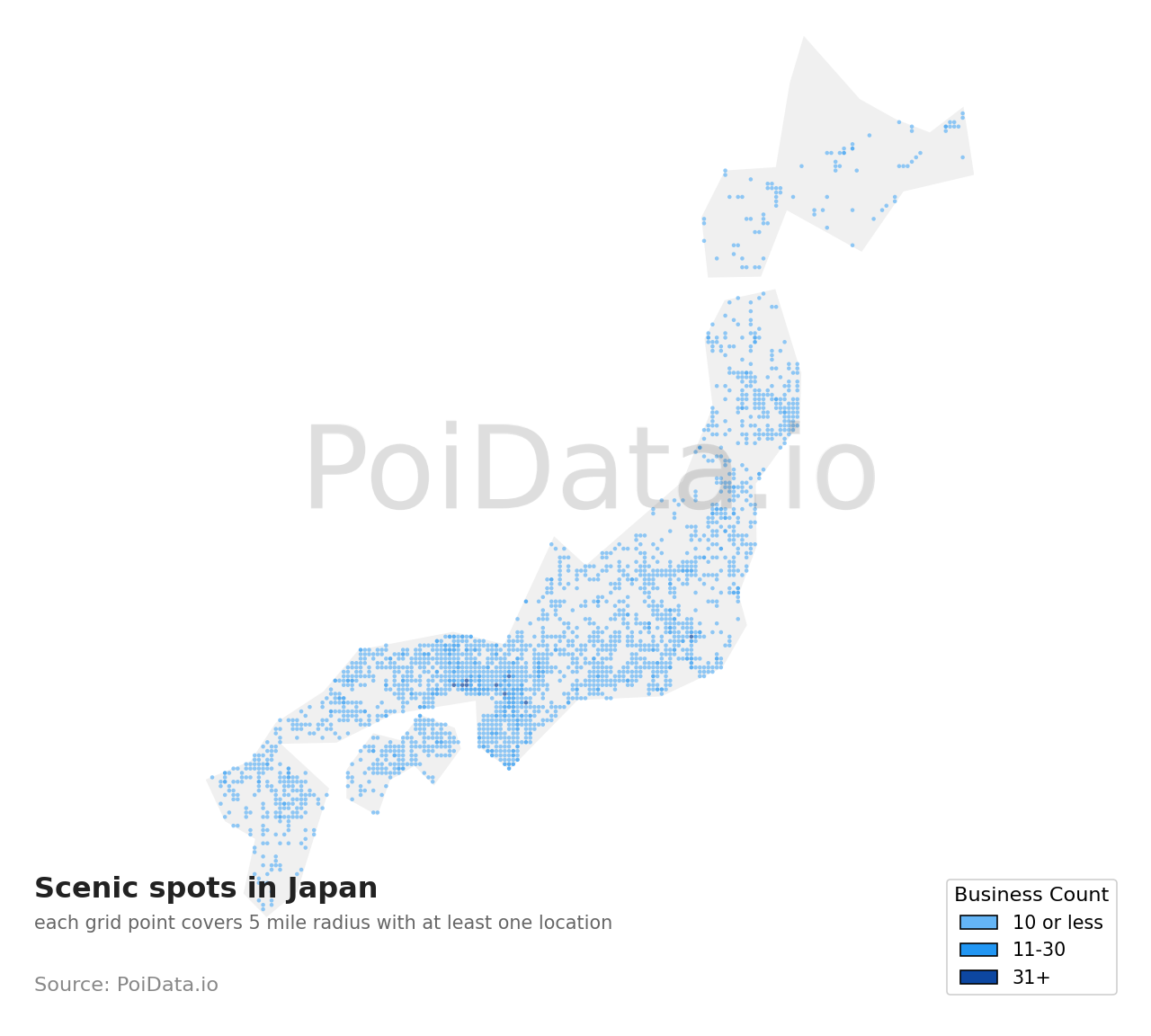 Scenic spot density map for Motoyoshi District, Miyagi, Japan
