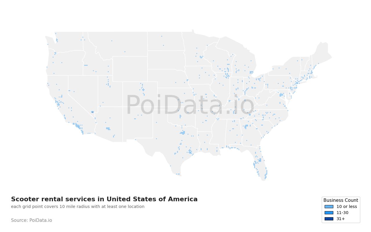 Scooter rental service density map for North Carolina, United States