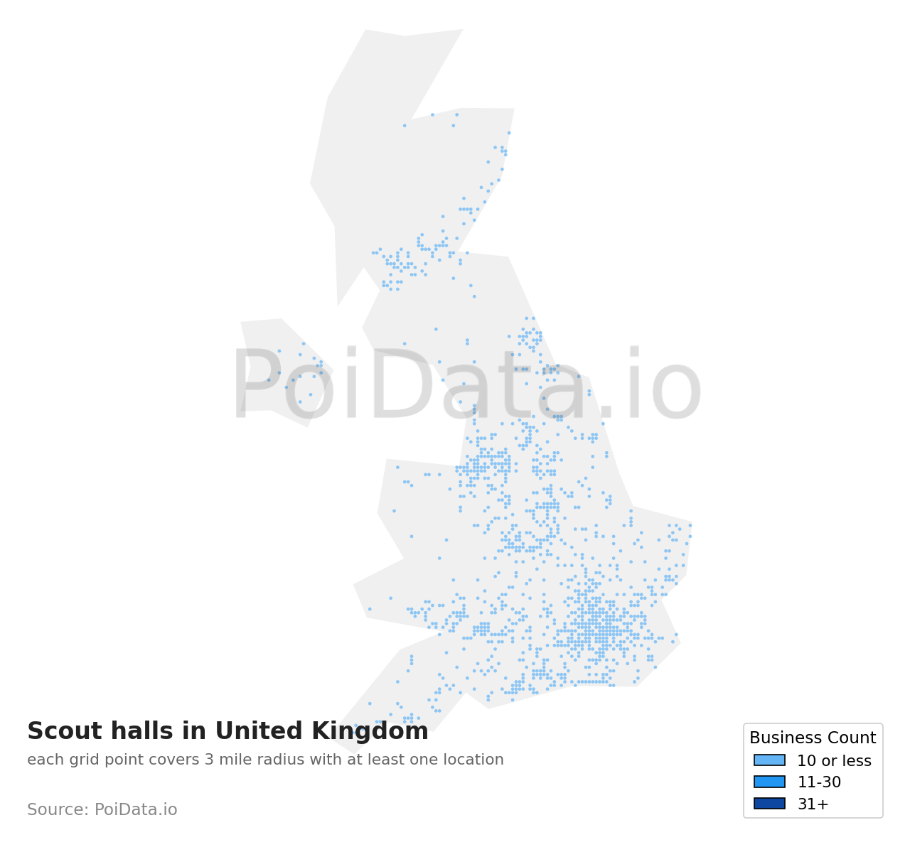 Scout hall density map for United Kingdom