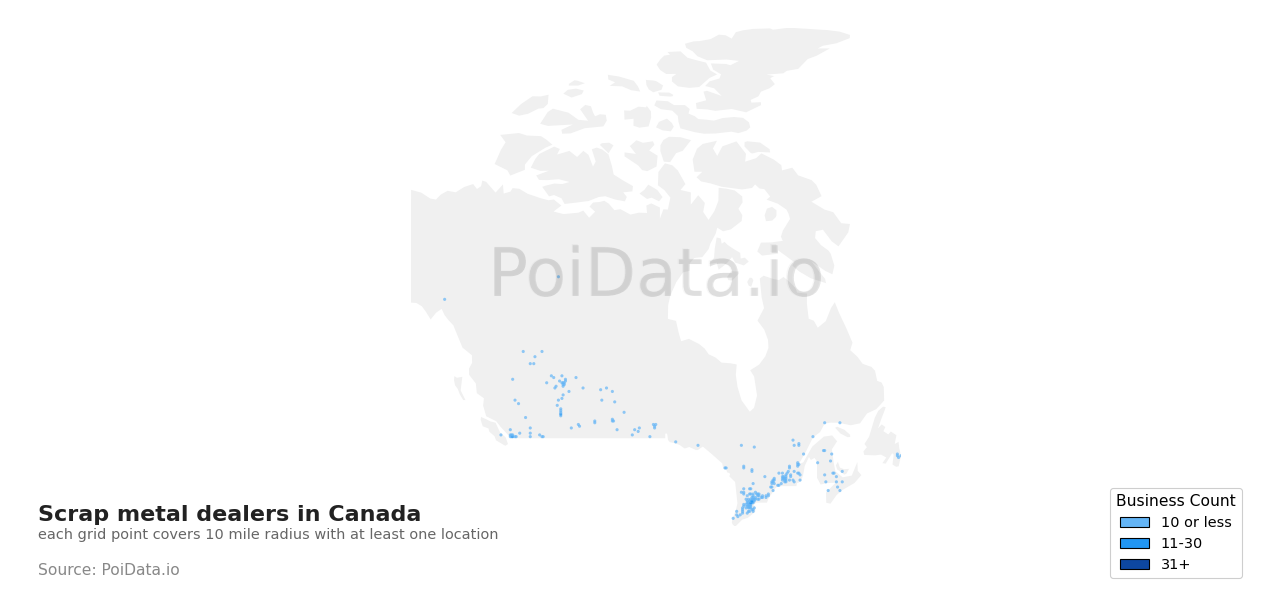 Scrap metal dealer density map for British Columbia, Canada