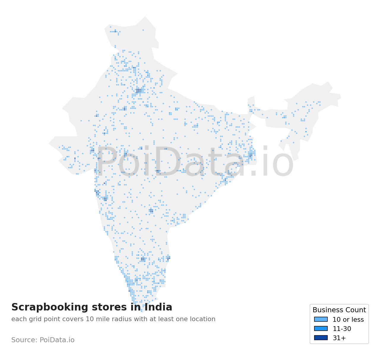 Scrapbooking store density map for India