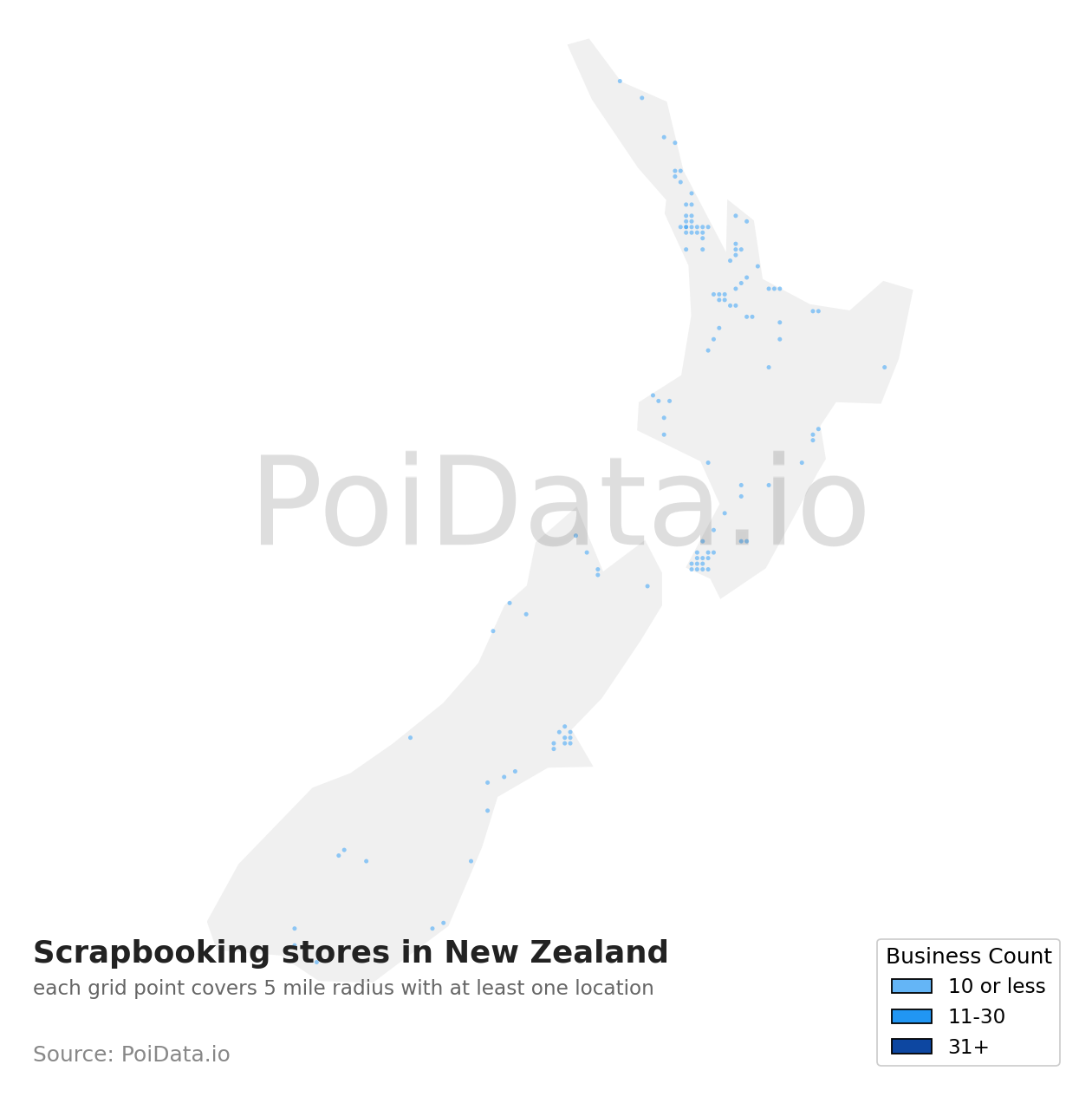 Scrapbooking store density map for New Zealand