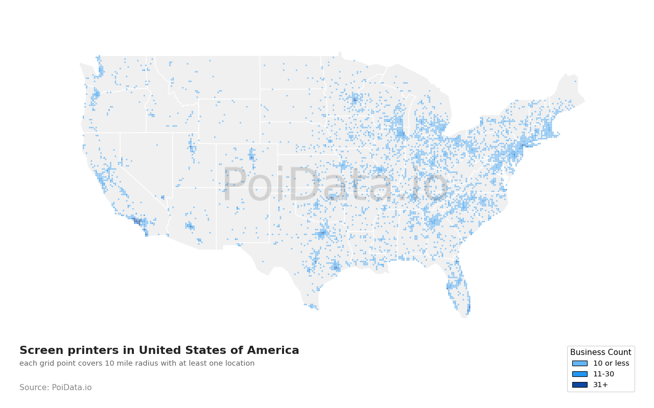 Screen printer density map for United States