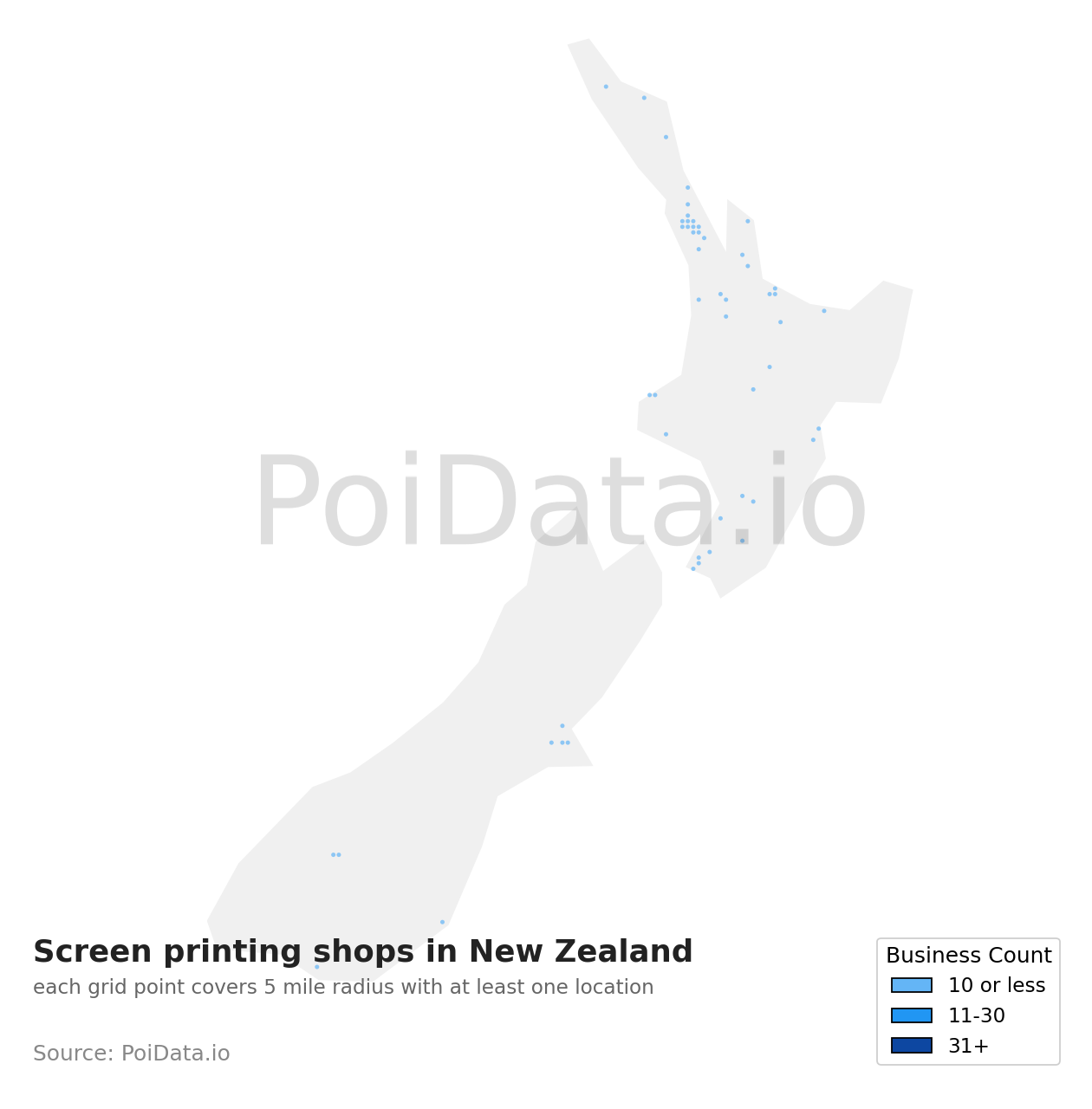 Screen printing shop density map for New Zealand
